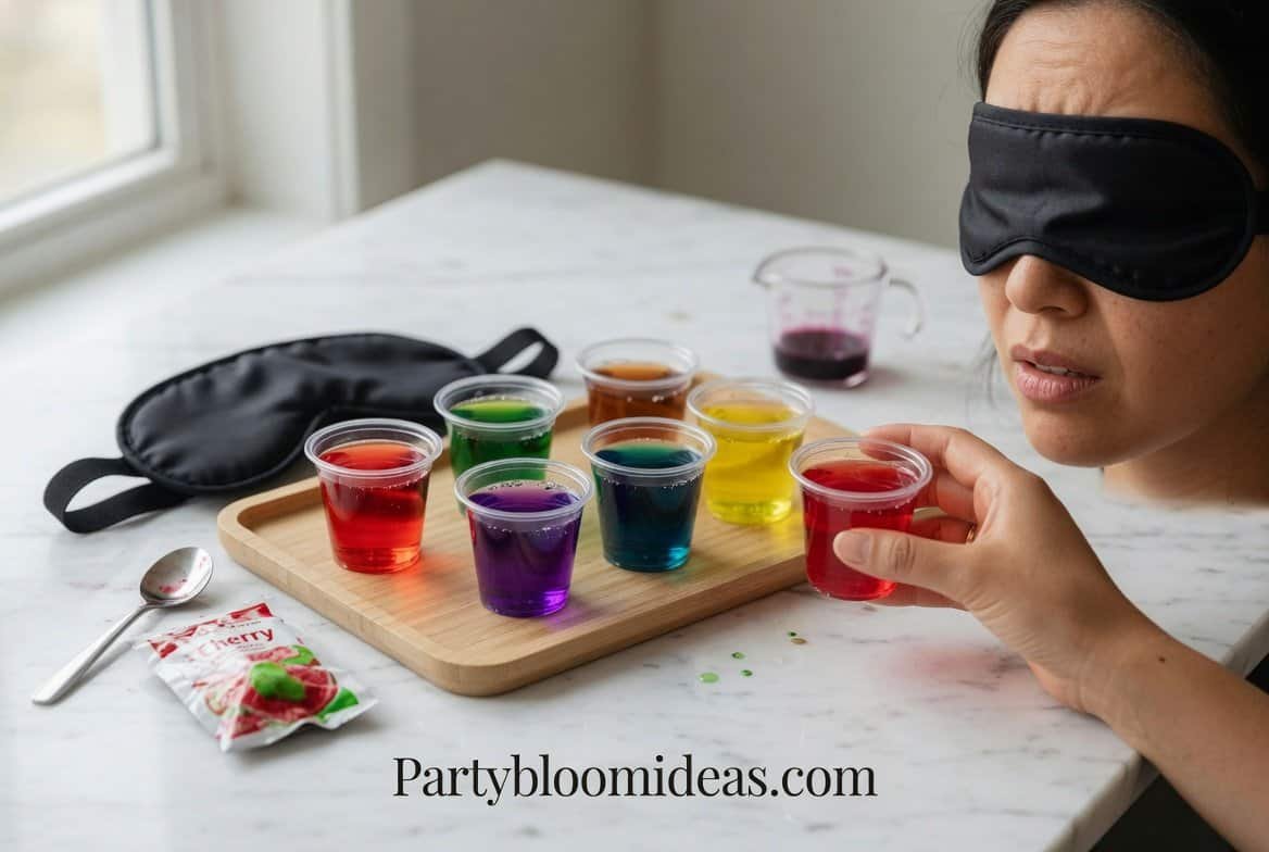 Blindfolded Halloween party guests tasting colorful mystery drinks during a witch's brew flavor guessing game.