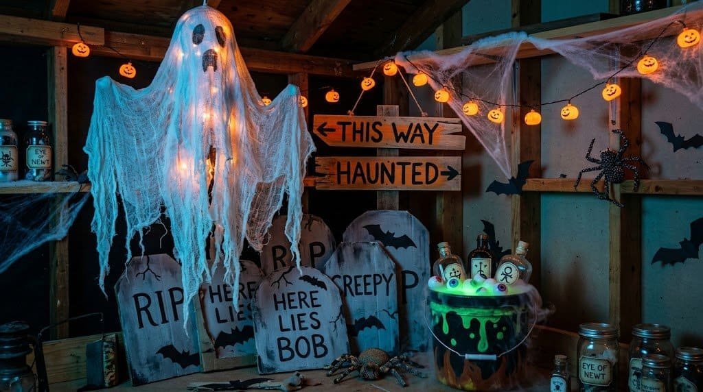 Halloween haunted house decorations with ghosts, bats, and spooky signs.