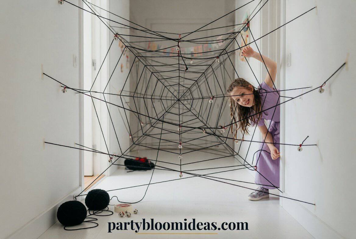 Kids carefully moving through a black yarn spider web obstacle course with bells and Halloween decorations indoors.