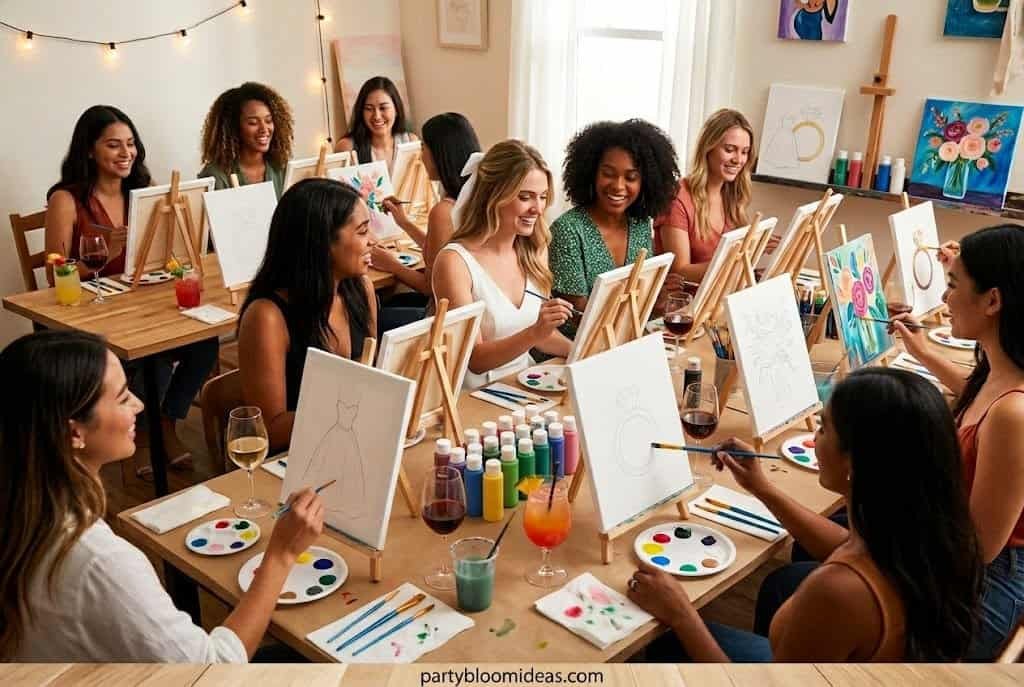 Women enjoying a painting party with canvases and paints in a cozy studio