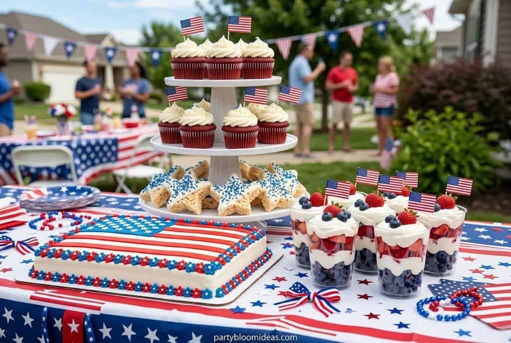 Dessert table with cupcakes, flag cake, and patriotic sweets in a red, white, and blue theme