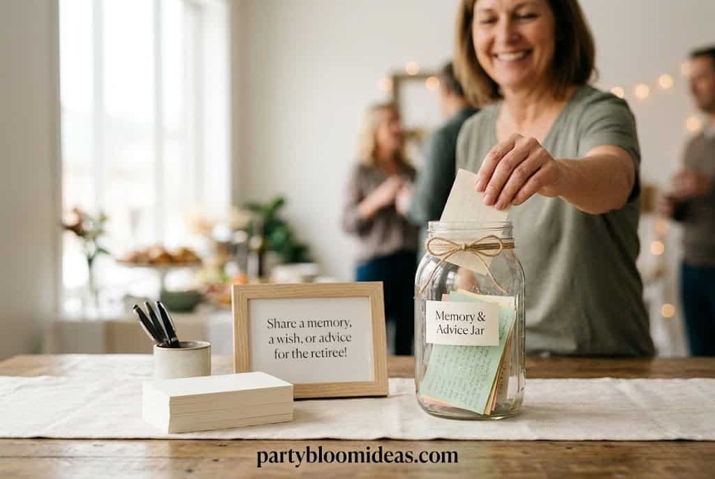 Mason jar advice station with handwritten retirement wishes, memory cards, and emotional keepsake ideas for retirees.