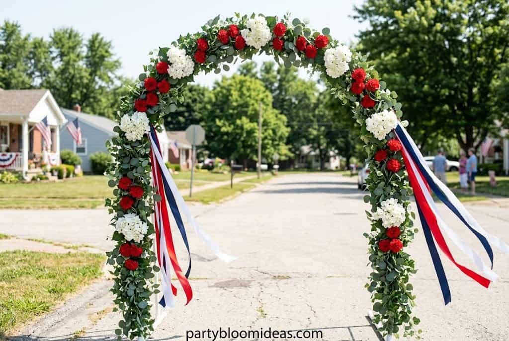 4th of July block party entry arch with patriotic florals in a neighborhood street