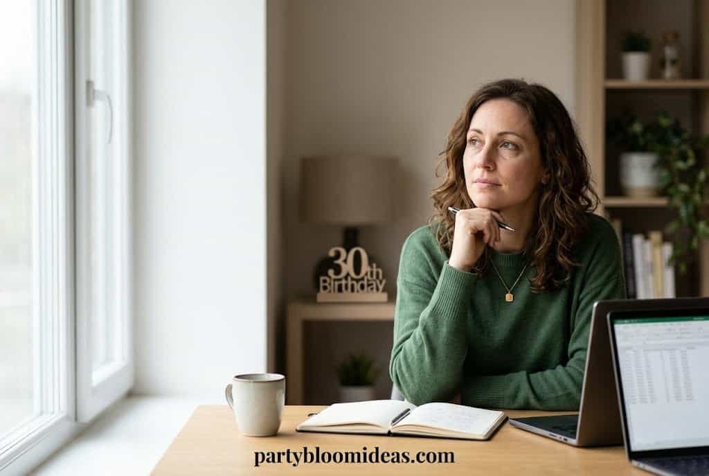 Woman planning a surprise party at home with laptop and notebook, carefully organizing details for How to Throw a Surprise Party (Without Getting Caught).