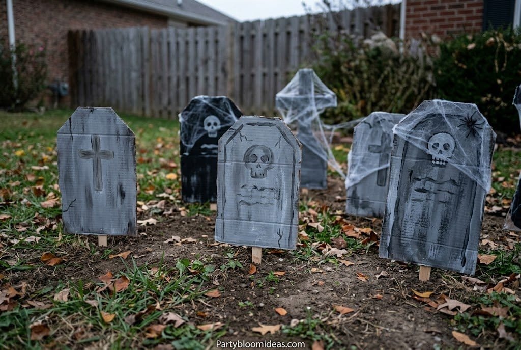 Handmade cardboard tombstones painted gray with funny epitaphs arranged in a spooky DIY graveyard setup.
