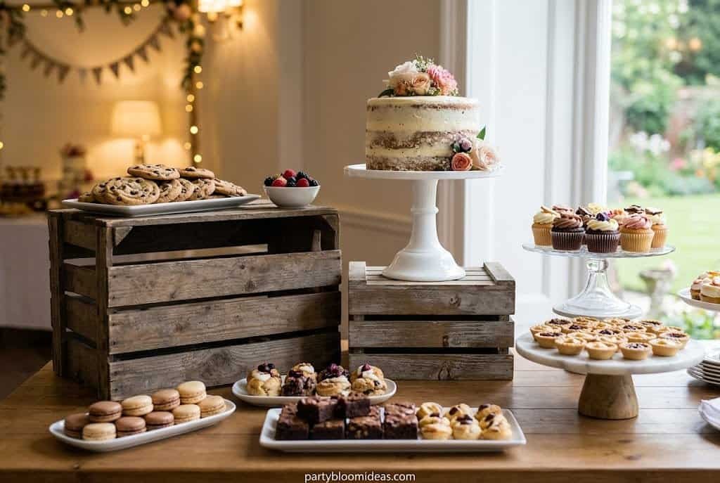 Tiered dessert table display using wooden crates, cake stands, and risers for height variation