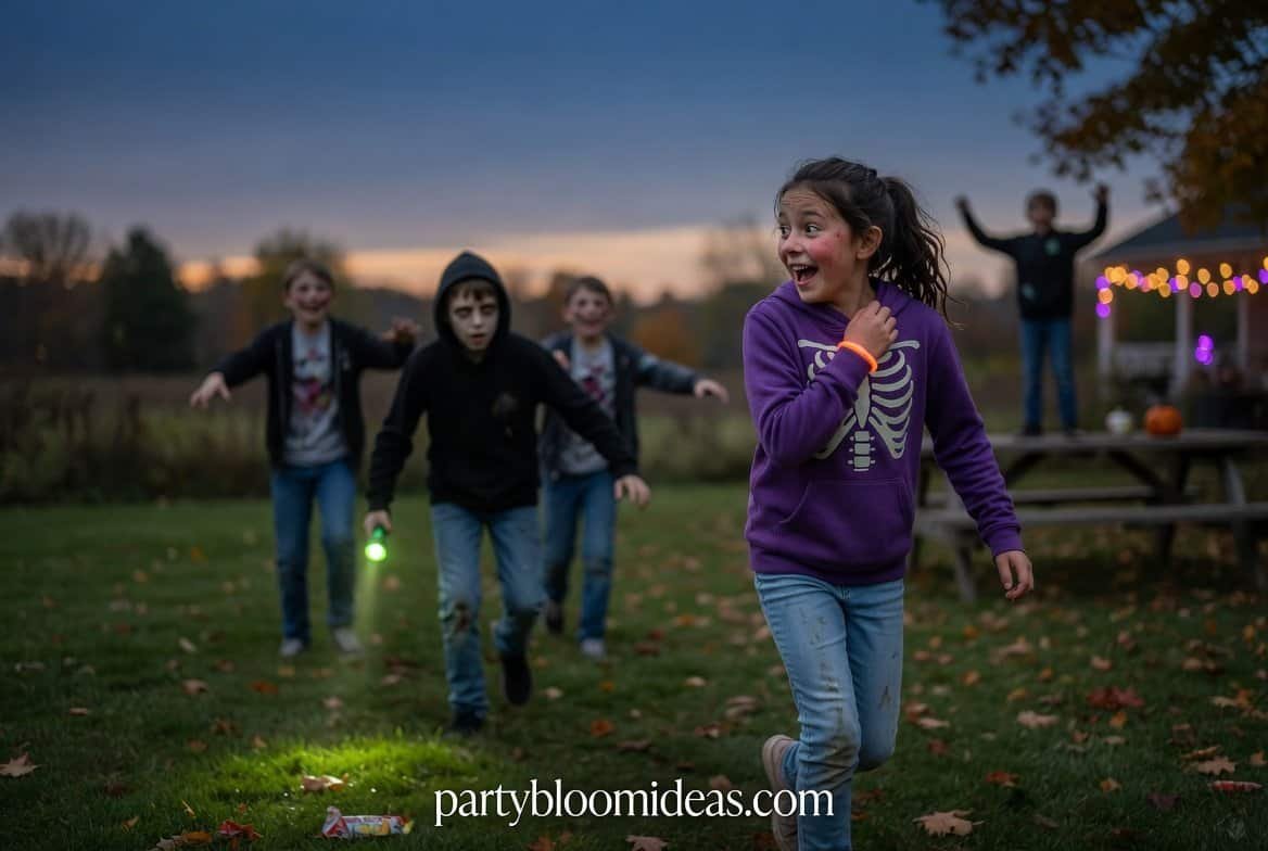 Children running outdoors at night during flashlight zombie tag game with spooky Halloween atmosphere and glowing lights.