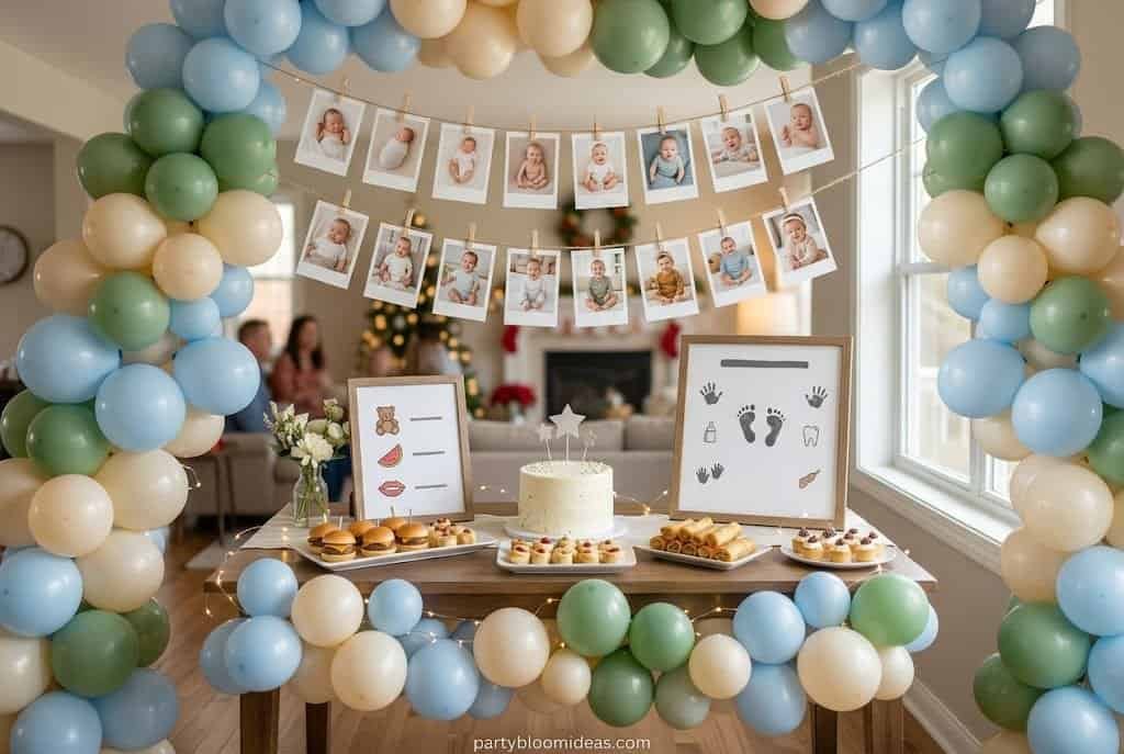 Balloon arch with pastel blue, green, and beige balloons for birthday celebration.