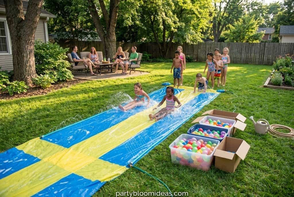 Outdoor water slide for kids with a family enjoying a summer day