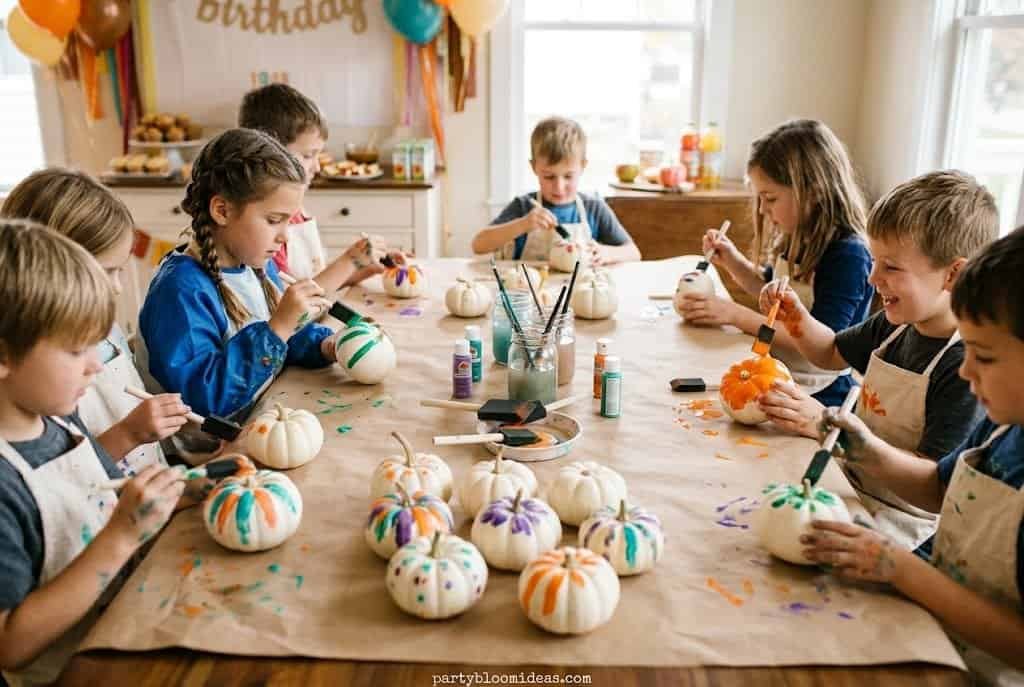 Kids painting white pumpkins at a cozy indoor autumn birthday party