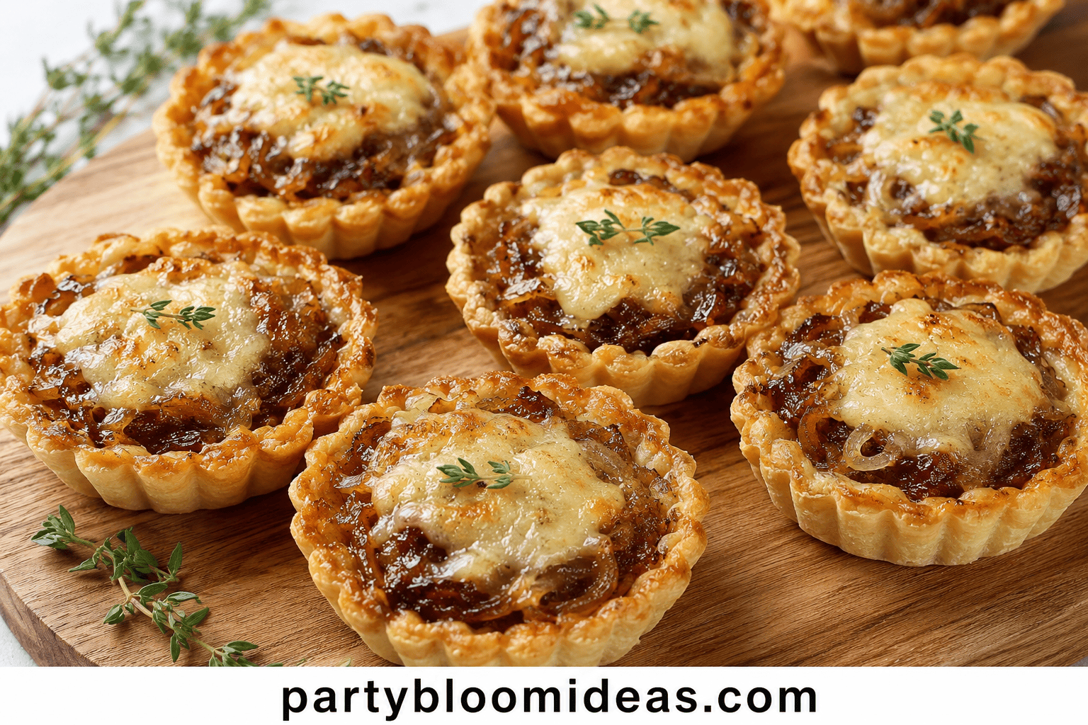 Mini caramelized onion and gruyère tarts topped with fresh thyme