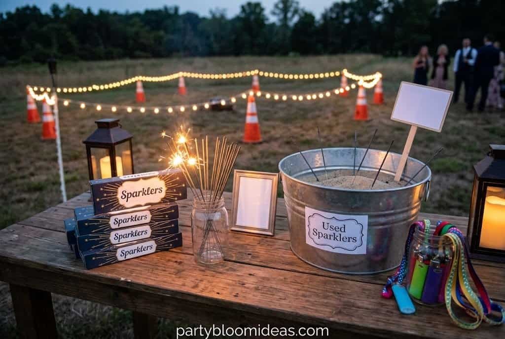 Sparkler station with a sand bucket and festive decorations at an outdoor event