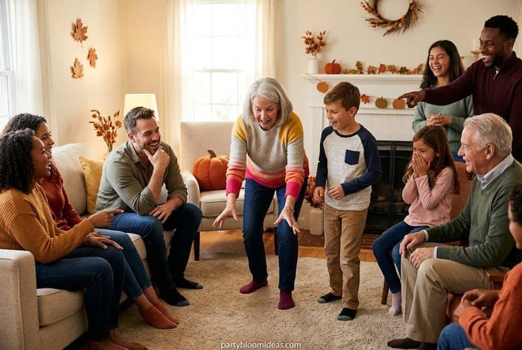 Thanksgiving charades game with family acting out holiday-themed words in the living room