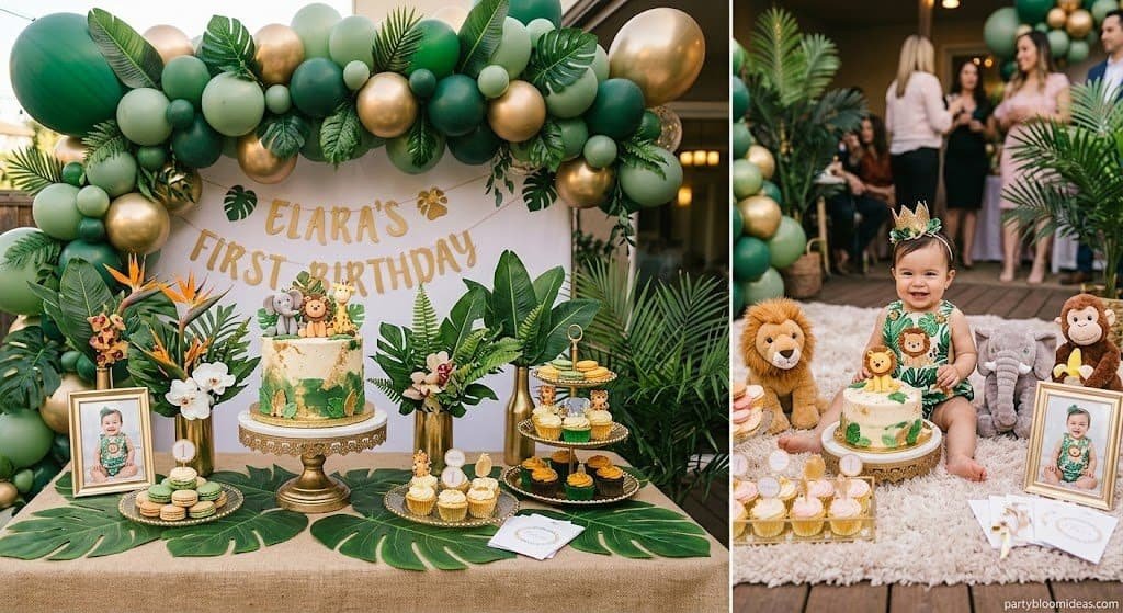 First birthday party setup with jungle-themed decorations, cake, and plush toys for a child's celebr.