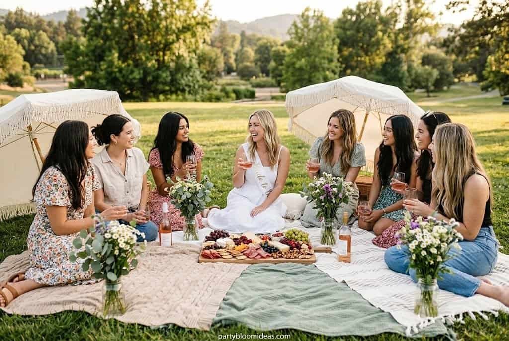 Outdoor picnic with friends enjoying drinks and snacks on a sunny day