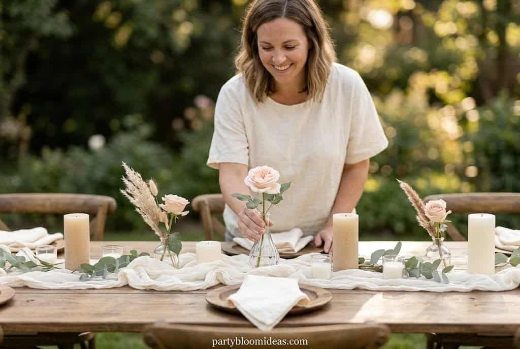 Beautiful wedding table setup with flowers, candles, and greenery for a romantic outdoor event.
