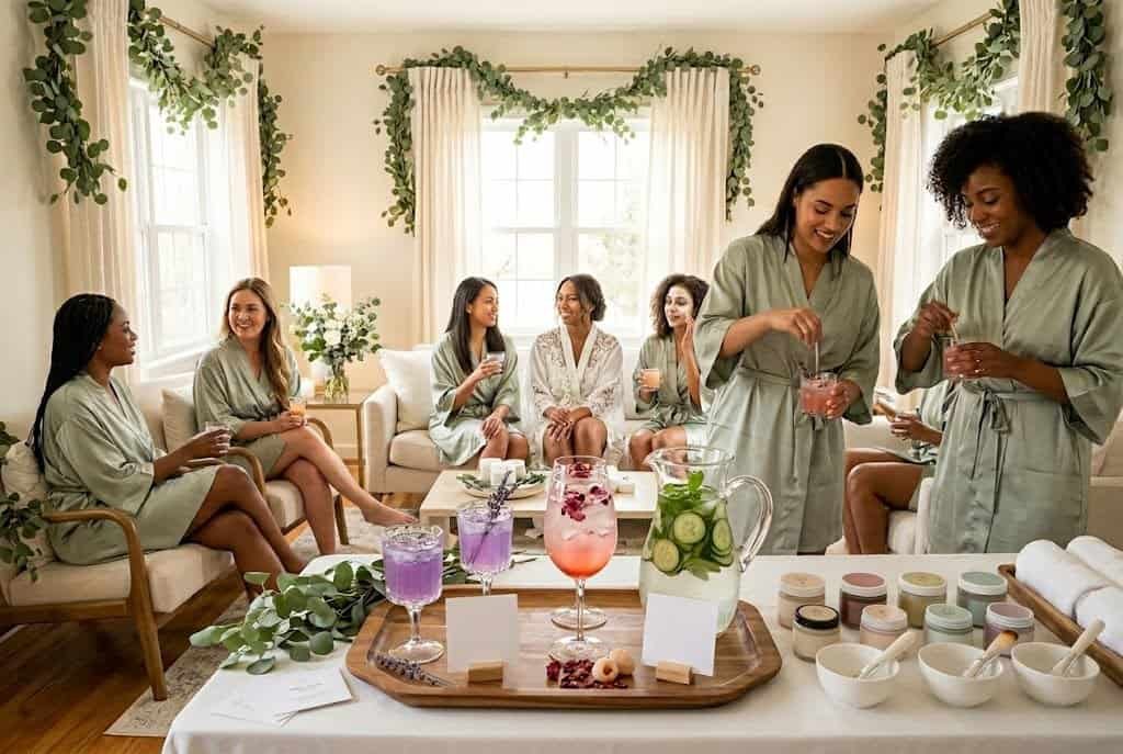 Relaxing spa party scene with women enjoying skincare treatments and beverages