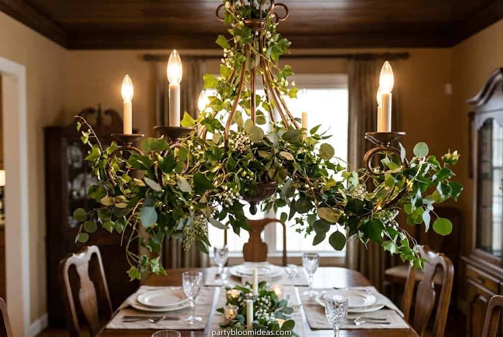 Chandelier draped with autumn foliage above a dining table for ambient lighting