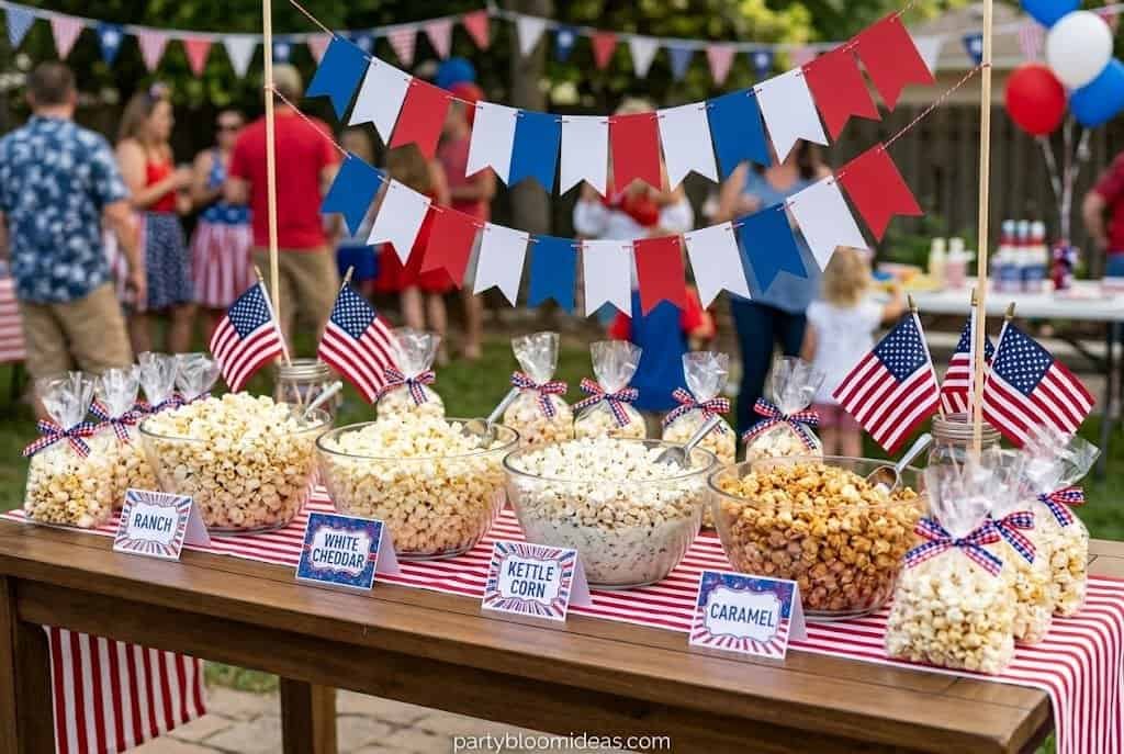 Popcorn station with multiple flavored popcorns in labeled bags and patriotic decorations