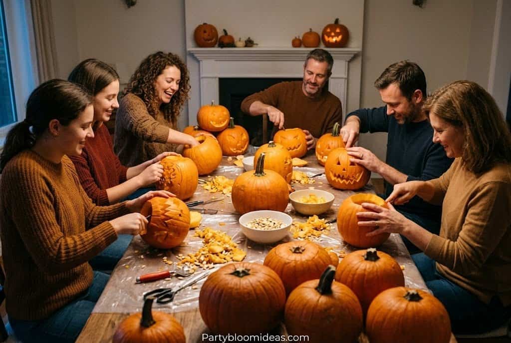 Group of guests carving pumpkins together at a table covered in newspaper during a cozy budget Halloween party activity.Budget Halloween Party Ideas Under $50 