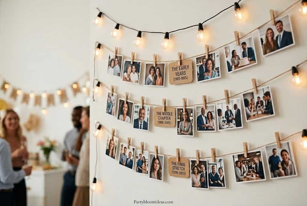 String light retirement photo wall displaying career memories, decade-by-decade photos, and personal milestones at a backyard retirement party.