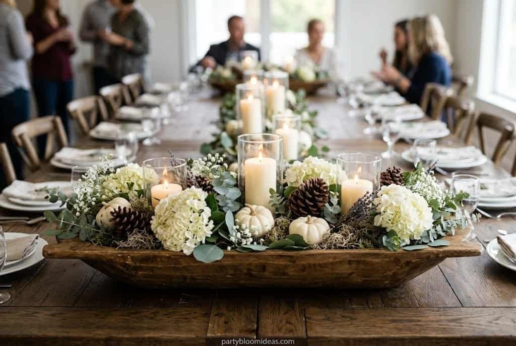 Wooden dough bowl centerpiece with candles, white pumpkins, pinecones, and greenery