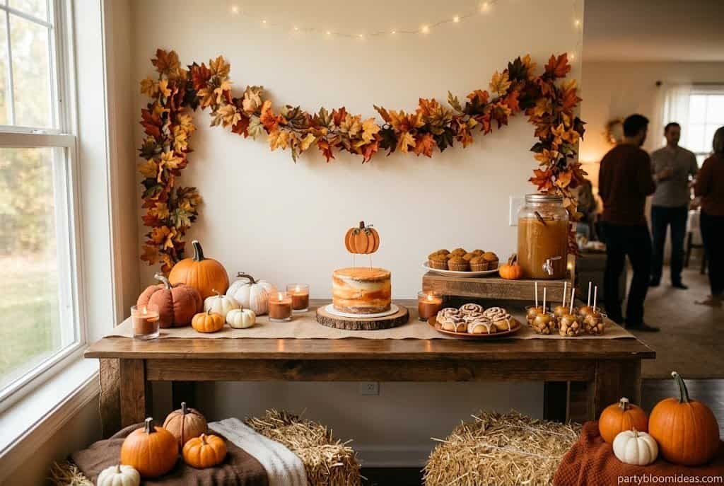 Fall-themed first birthday party with pumpkins, autumn leaves, hay bales, and orange smash cake