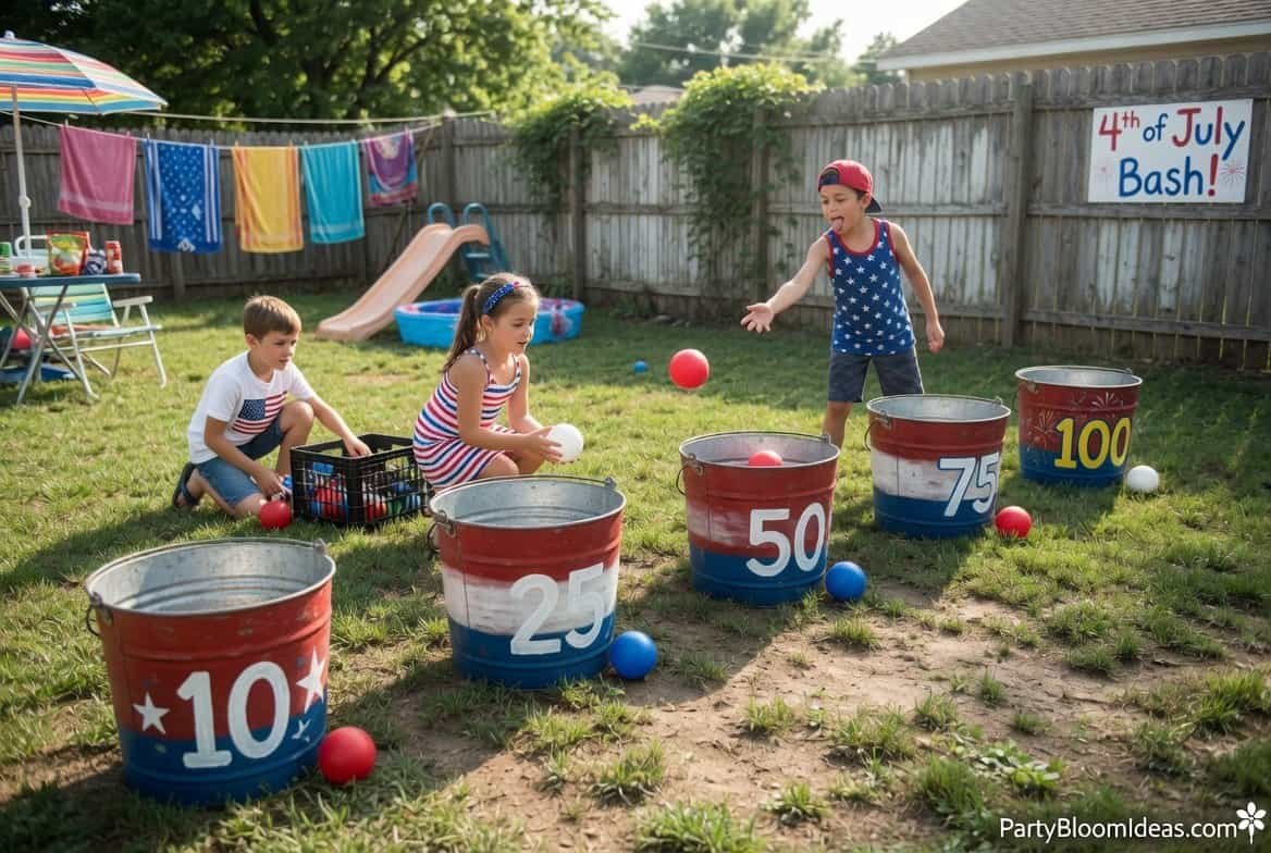 Backyard game with buckets arranged at different distances for ball tossing challenge