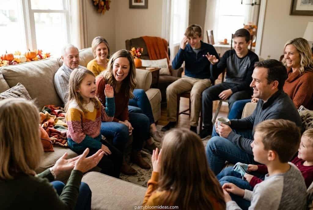 Family laughing together while creating a silly Thanksgiving story during dinner