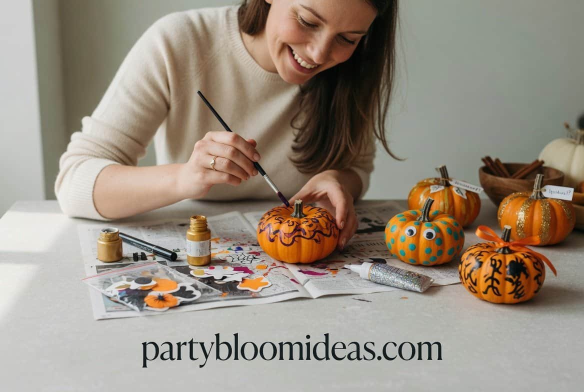 Guests painting mini pumpkins with colorful Halloween decorations and craft supplies on a party table.