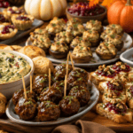Delicious fall-themed party appetizers including meatballs, dips, and finger foods perfect for seaso.