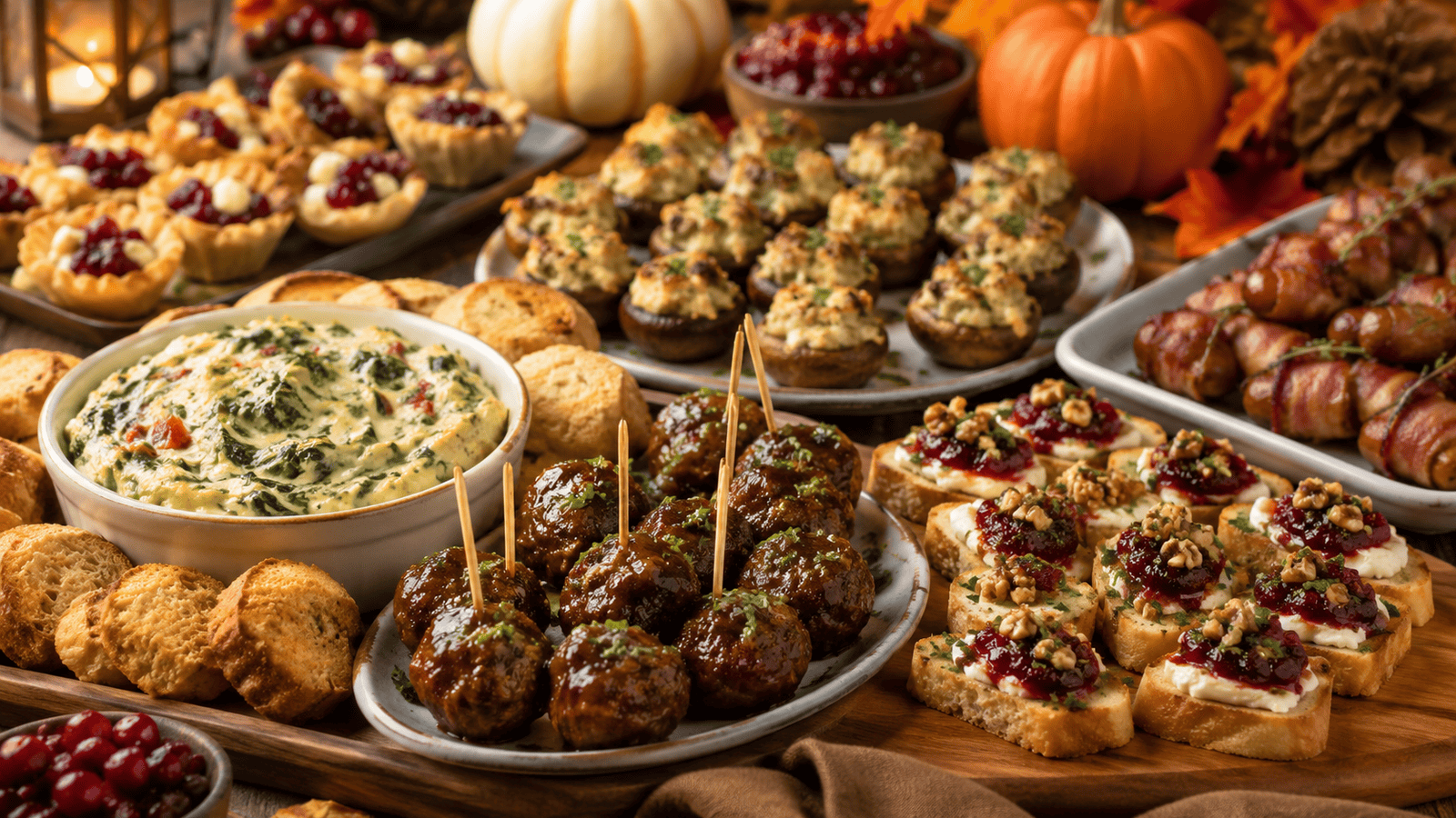 Delicious fall-themed party appetizers including meatballs, dips, and finger foods perfect for seaso.