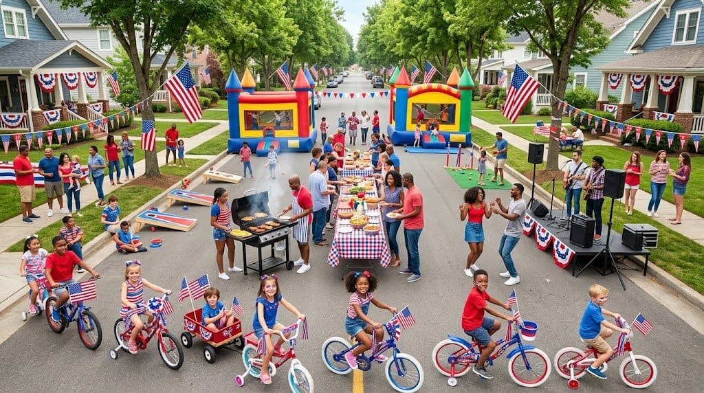 Colorful parade with children riding bikes and waving American flags during a festive neighborhood e.