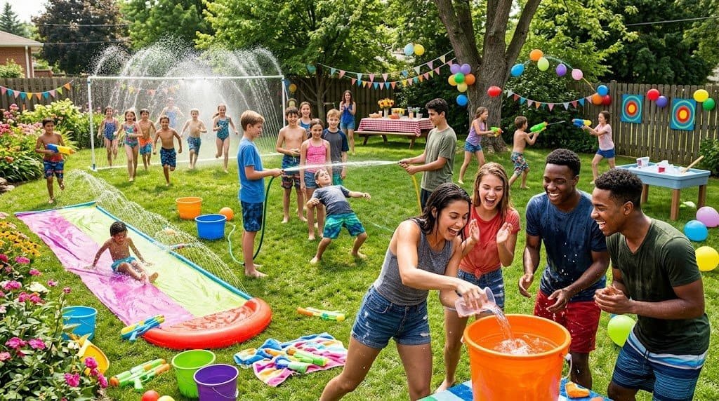 Kids water slide and outdoor party fun scene.