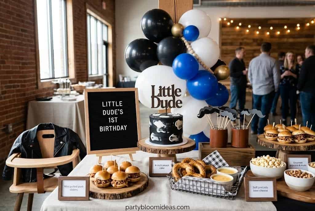 Decorated birthday table with balloons, cake, and snacks for a child's first birthday party.