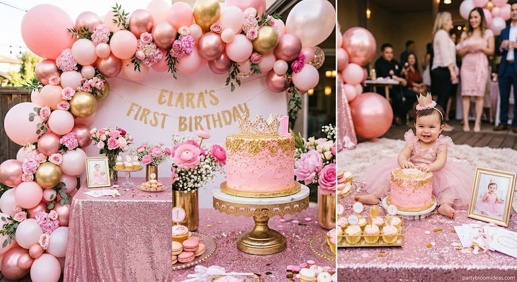 Pink sparkle first birthday party with glam pink balloons, gold accents, tiara cake topper, and elegant dessert table