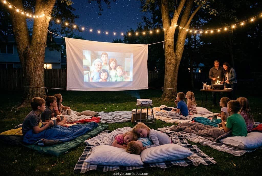Outdoor movie night setup with projector, blankets, pillows, and fairy lights at a camping birthday party