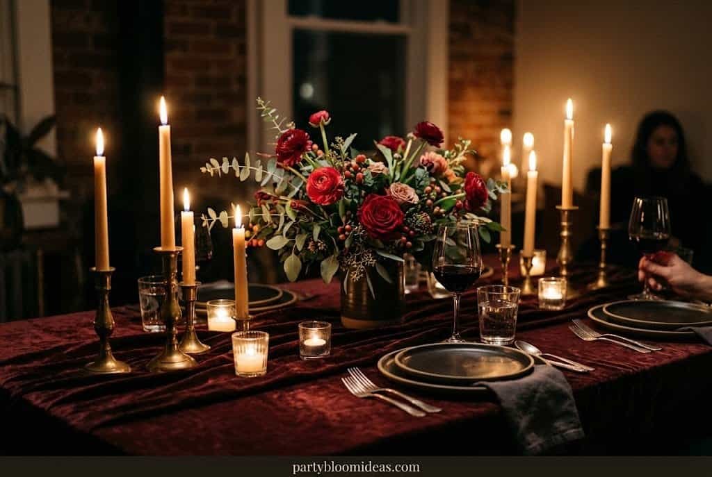 Moody fall dinner table with burgundy velvet runner, taper candles, white pumpkins, and romantic candlelight.