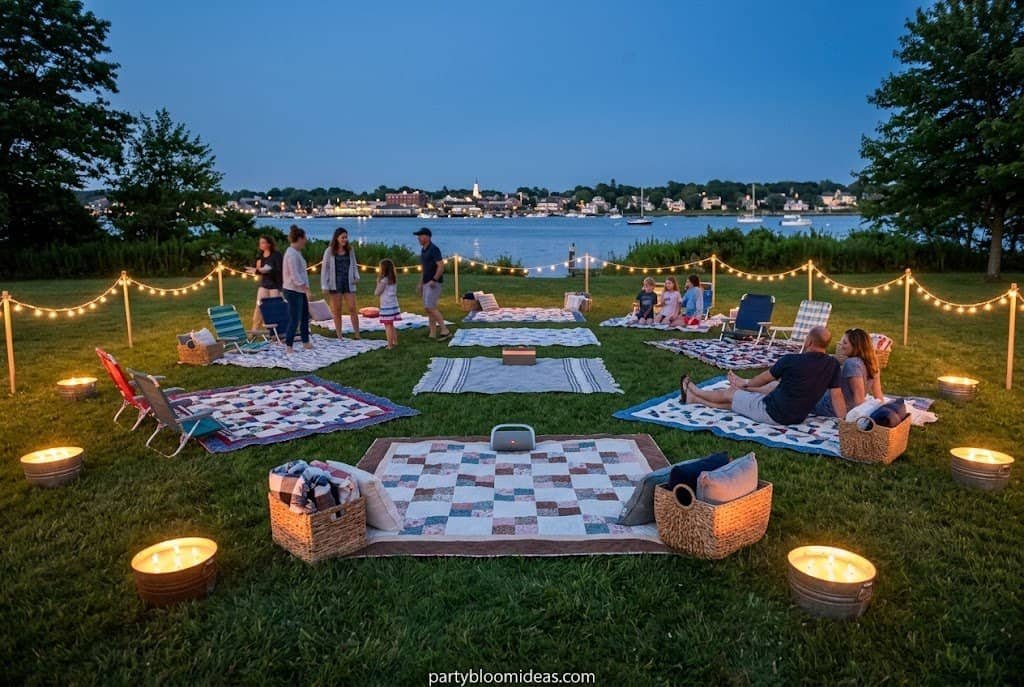 Outdoor evening gathering with string lights and cozy blankets for fireworks viewing