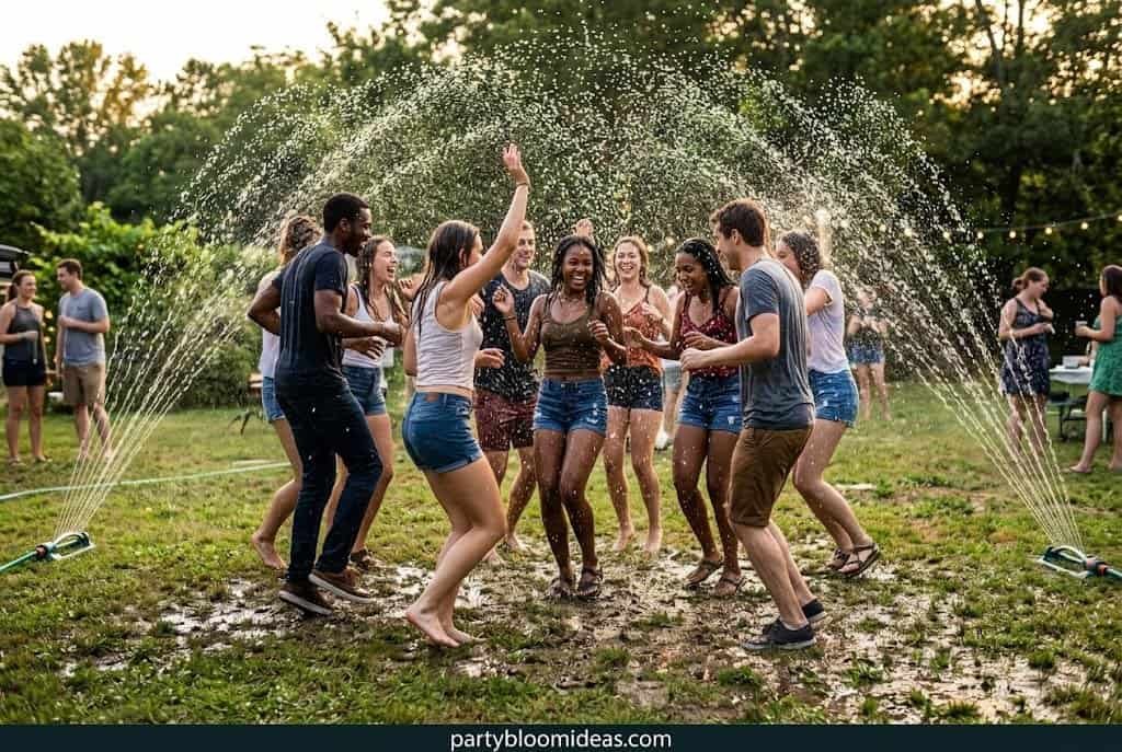 People enjoying water spray games outdoors.