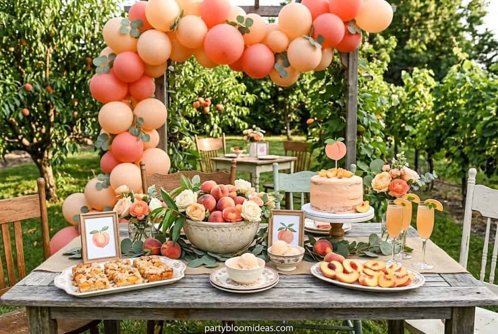 Vibrant balloon arch decorates an outdoor party setup with peach, pink, and cream balloons.