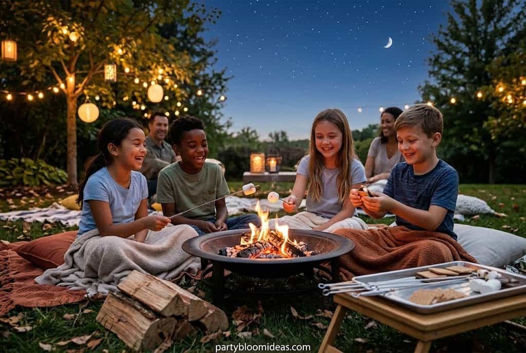 Children sitting under string lights making s’mores while sharing summer memories in a cozy outdoor night party.