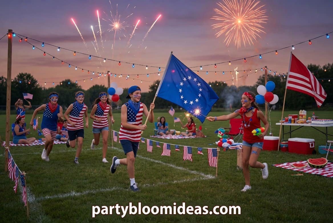 Kids running across a lawn playing capture the flag with red and blue bandanas