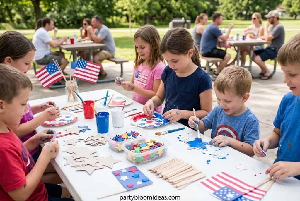 Children making patriotic crafts with flags and stars at an outdoor party