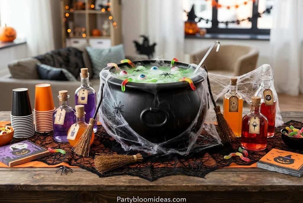 Green bubbling Halloween punch served in a black cauldron with dry ice fog creating a spooky witch-themed drink station.