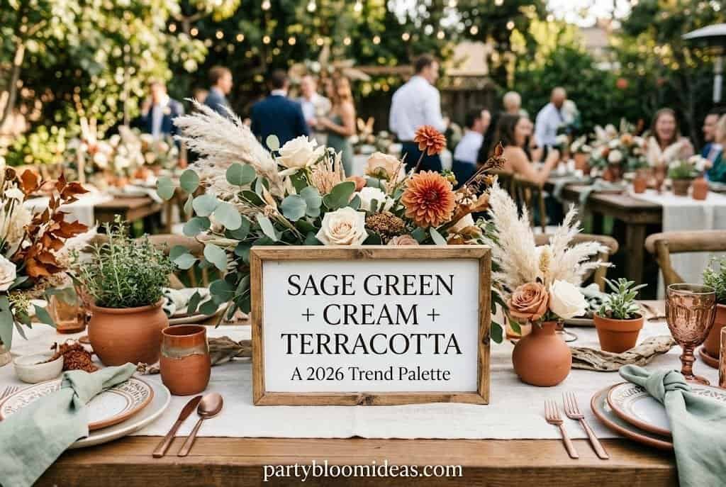 Sage green, cream, and terracotta party decor setup with candles, dried flowers, and neutral table styling.