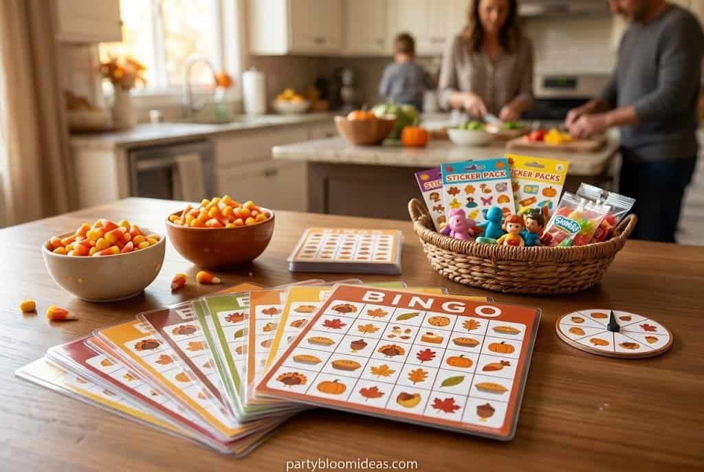 Thanksgiving bingo cards with candy corn markers on a decorated kids activity table
