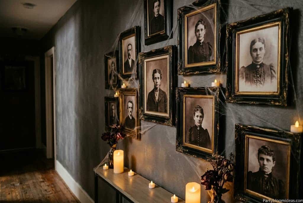 Thrift store frames spray-painted black displaying vintage Victorian portraits arranged as a creepy haunted wall gallery.