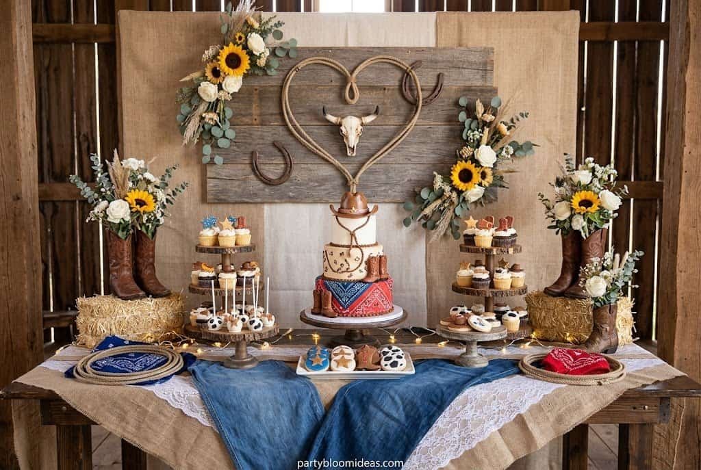 Rustic cowboy-themed party table with floral arrangements, cupcakes, and a cake centerpiece.