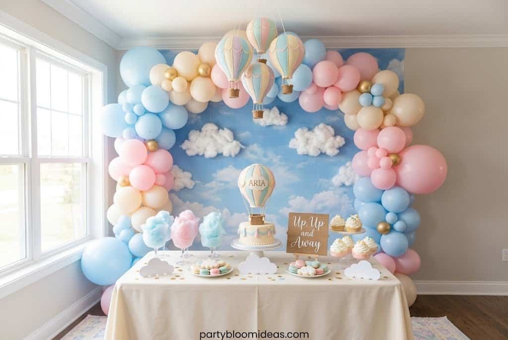 Hot air balloon themed birthday party backdrop with pastel balloons and cloud accents.